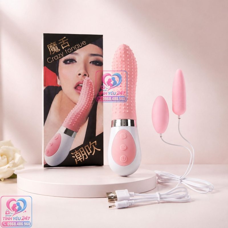 Lưỡi rung tình yêu kết hợp trứng rung 2 cà na Crazy Tongue tích hợp sạc pin USB tiện lợi