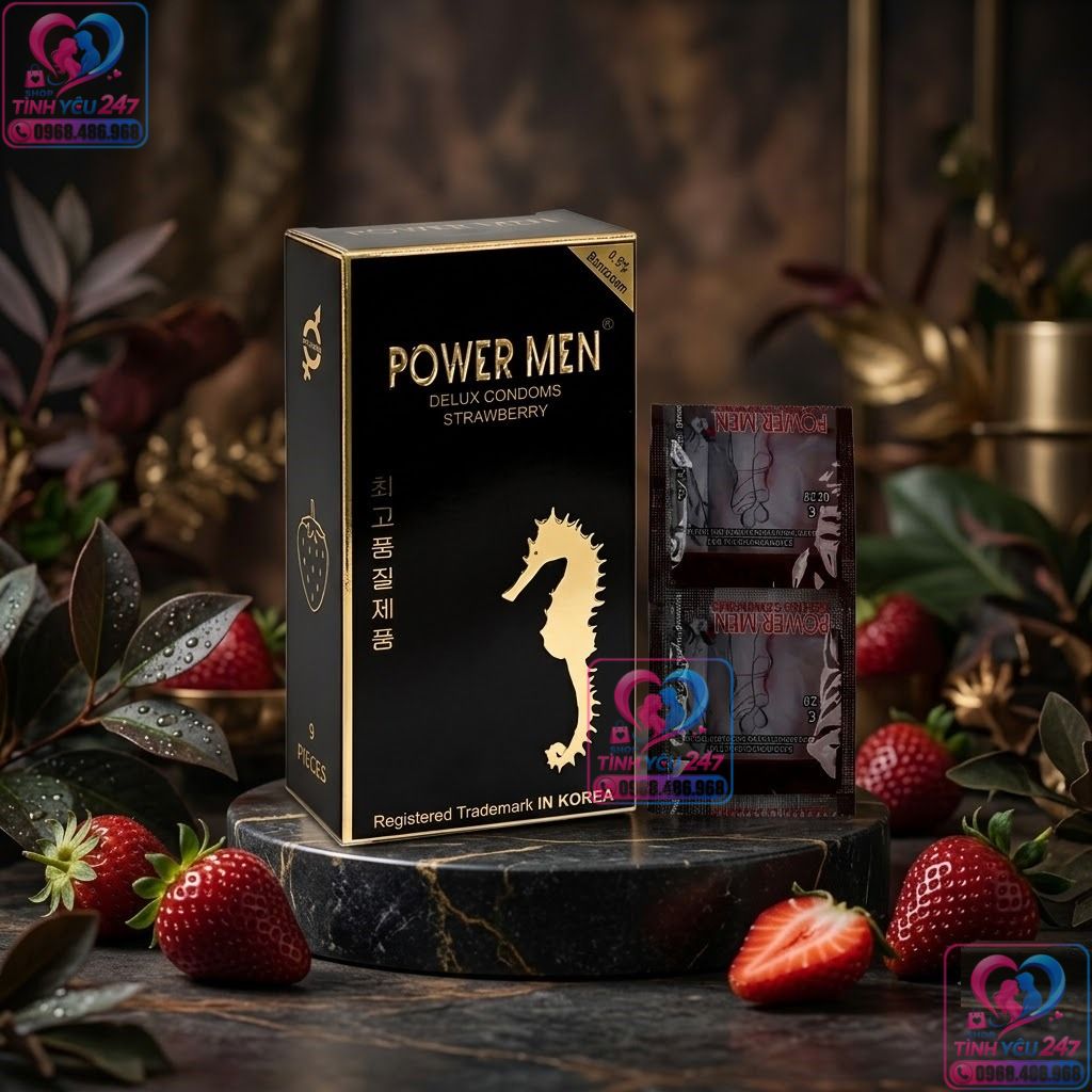 Bao cao su Power Men Cá Ngựa Hương Dâu Hộp 9 Chiếc Chính Hãng Hàn Quốc Bao cao su Power Men Cá Ngựa Hương Dâu chính hãng kéo dài thời gian