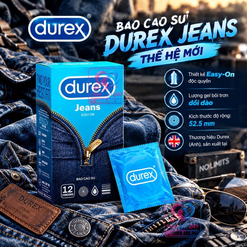 Bao cao su ôm sát 52.5mm Durex Jeans chất liệu latex tự nhiên an toàn