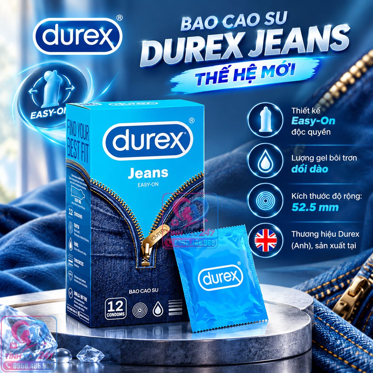 Bao cao su Durex mượt mà kích thước ôm sát 52.5mm Bao cao su Durex mượt mà ôm sát 52.5mm chuẩn phom nam giới Việt