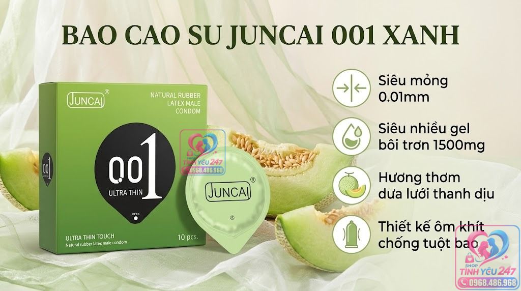 Bao cao su Juncai Ultra Thin siêu mỏng 0.01 có hương thơm dưa lưới kích thích