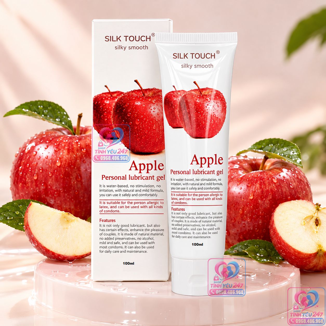 Gel bôi trơn gốc nước Silk Touch vị táo dịu nhẹ cho làn da Gel bôi trơn gốc nước Silk Touch thành phần an toàn không bết dính